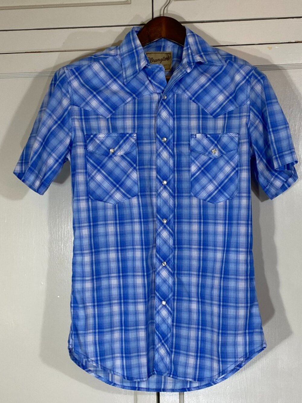 WRANGLER Western Shirt Mens Small Pearl Snap Short Sleeve Plaid Light Blue White